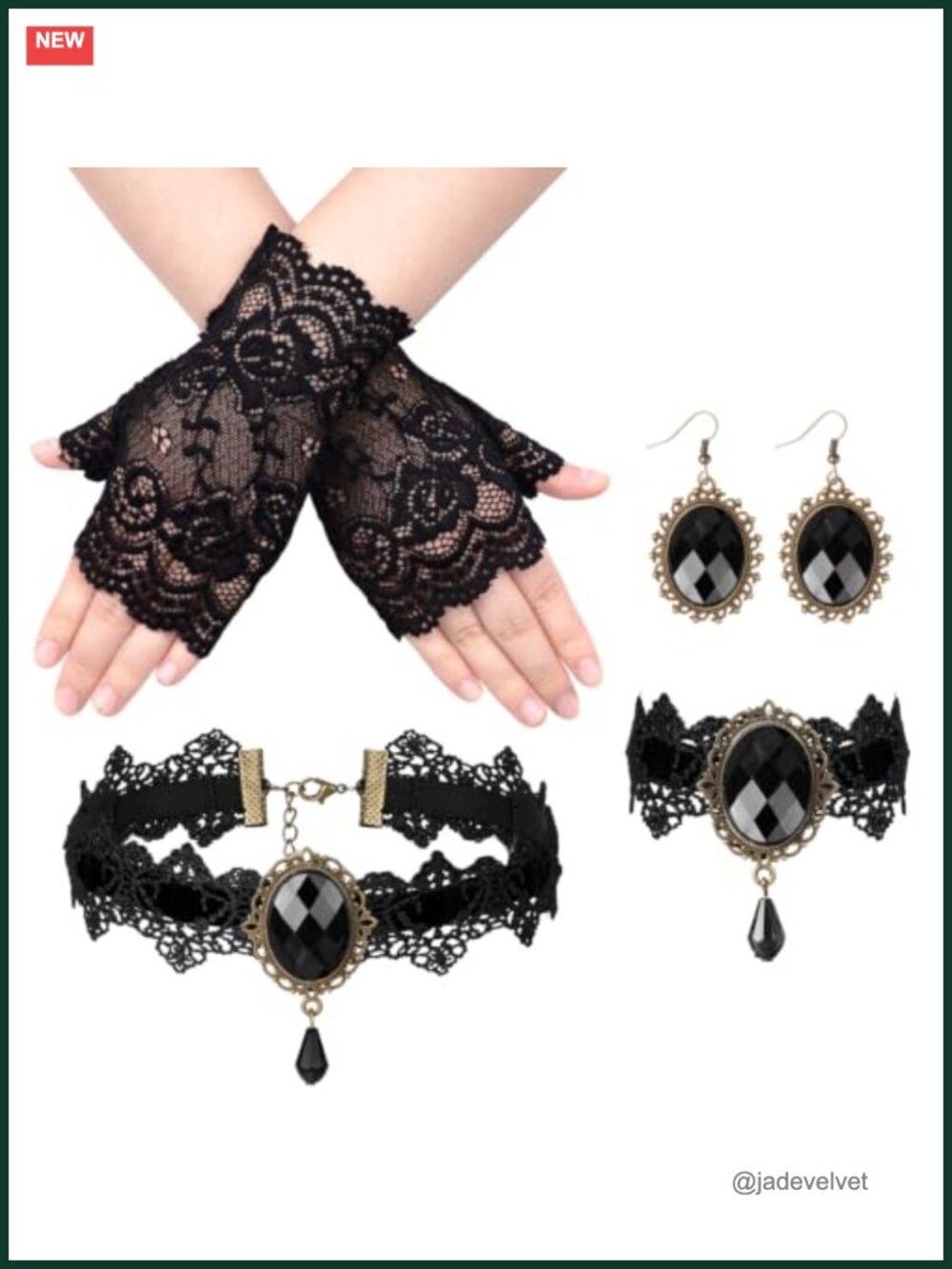 Gothic Lace Choker Necklace Bracelet Earrings Fingerless Gloves Set